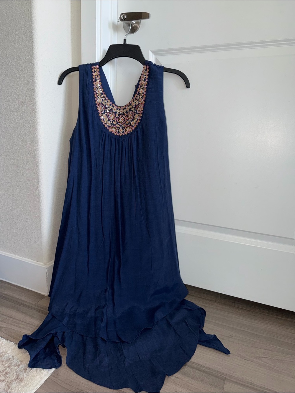Navy Embroidered Scoop-Neck Maxi Dress